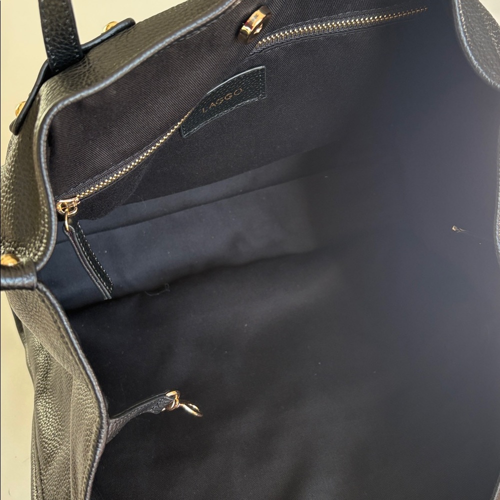 Laggo Siena Tote in Black Pebbled Leather, Zip Pockets, Classic, 13.5x12.5x5" - Picture 7 of 13